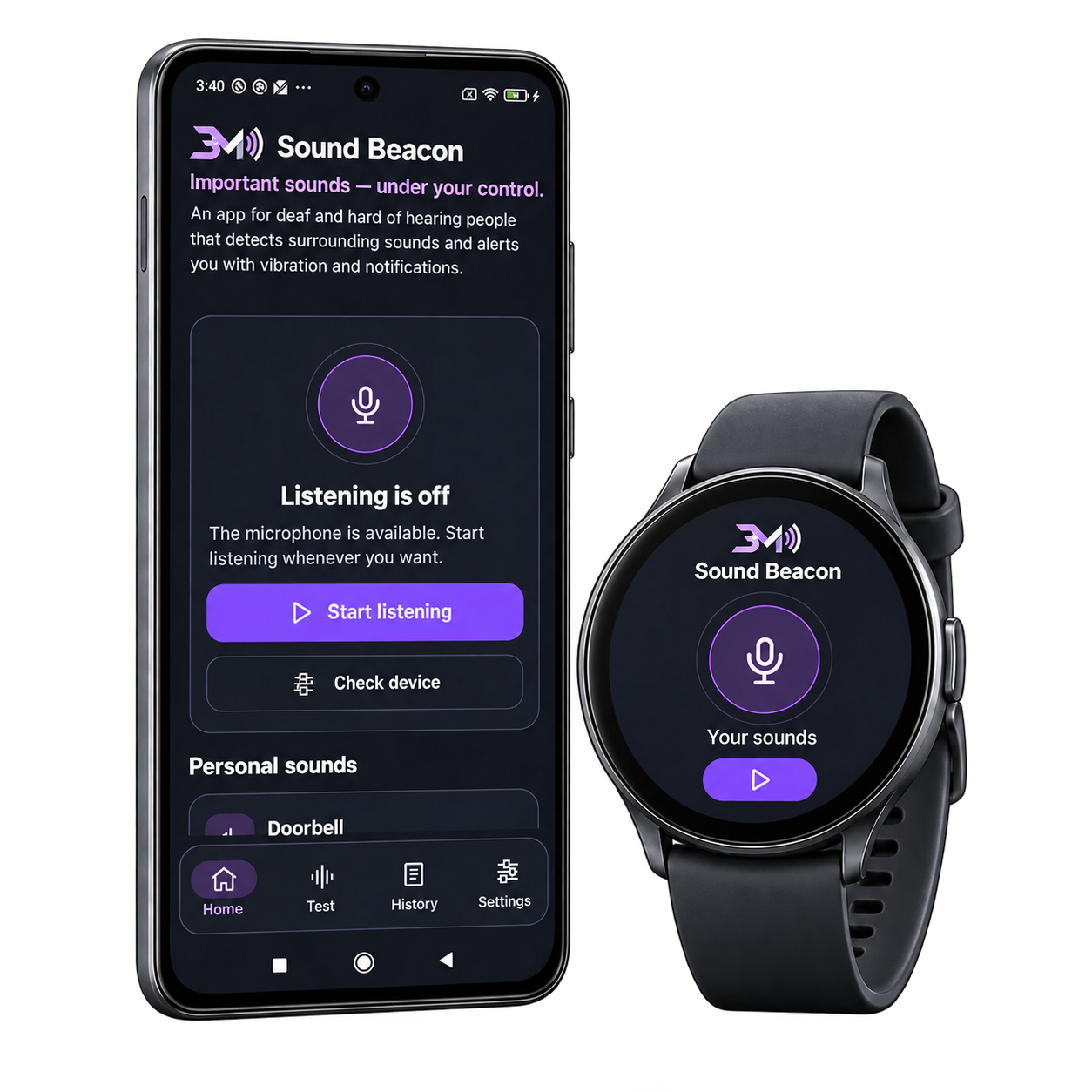 Phone showing the app interface and a watch with a conceptual adaptation of the same design.