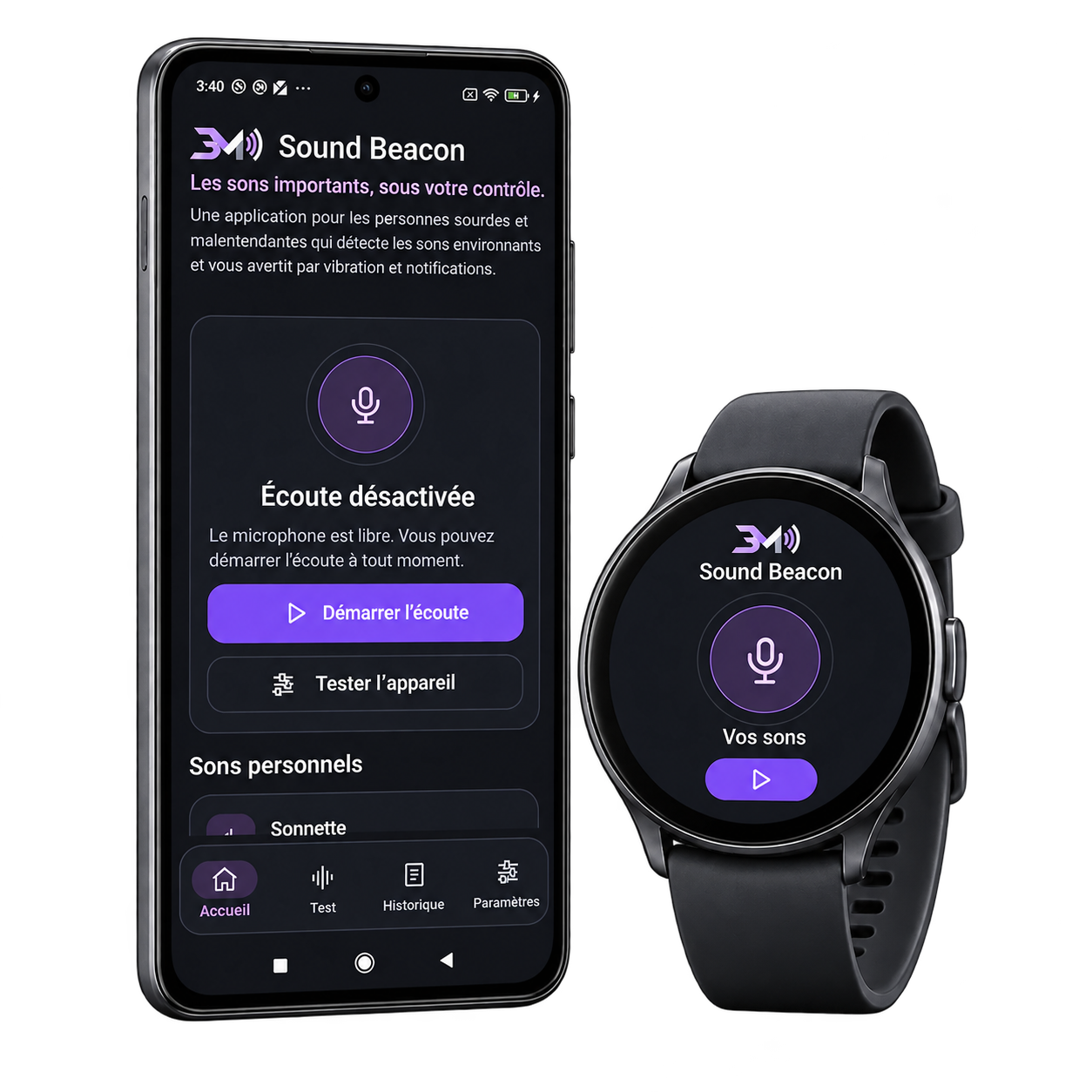 Téléphone affichant l’application et montre avec une adaptation conceptuelle de la même interface.