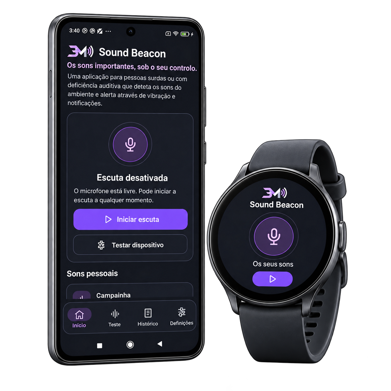 Telemóvel com a interface da aplicação e relógio com uma adaptação conceptual do mesmo design.