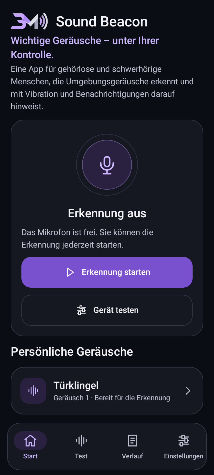 Startbildschirm von Sound Beacon auf Android
