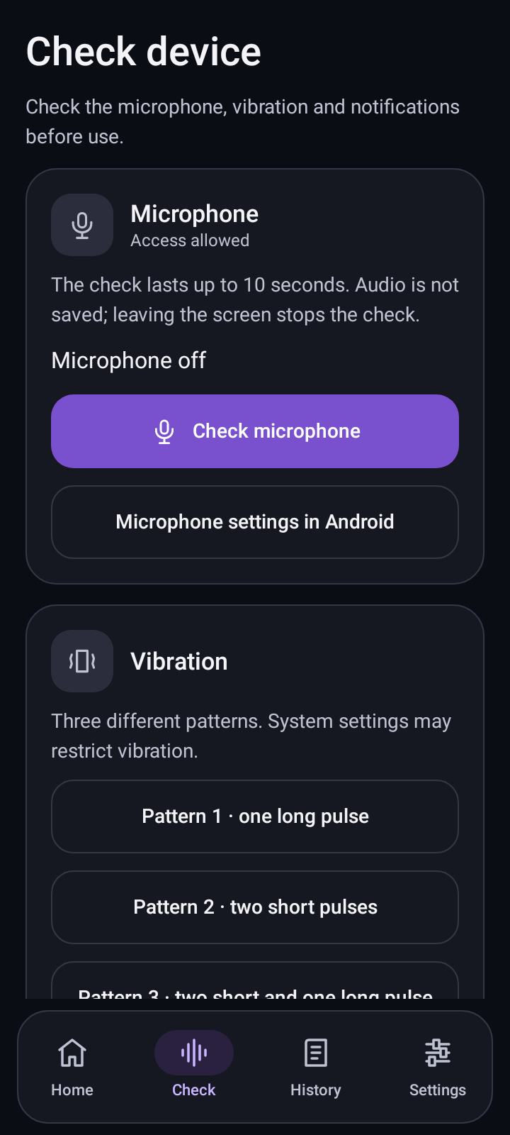 Sound Beacon device check screen