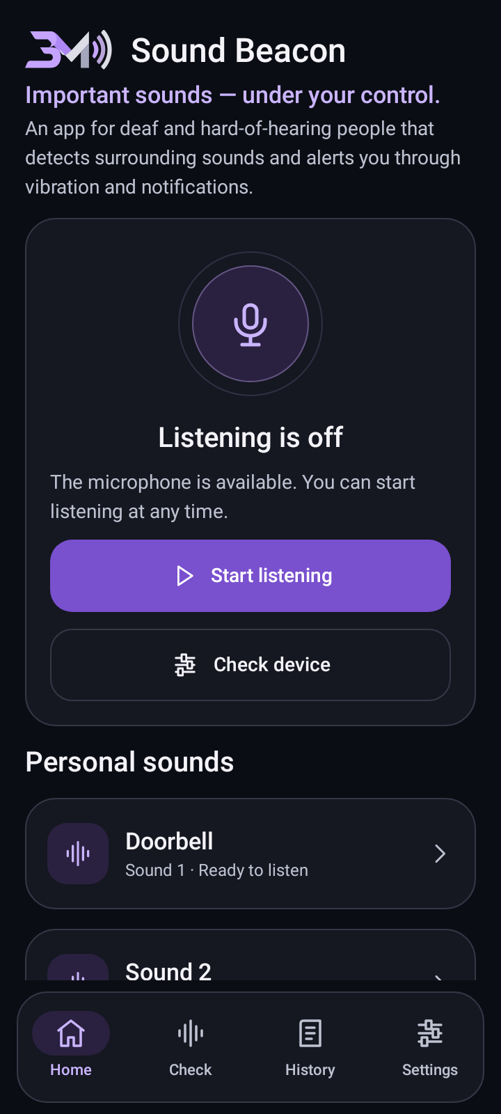 Sound Beacon home screen on Android
