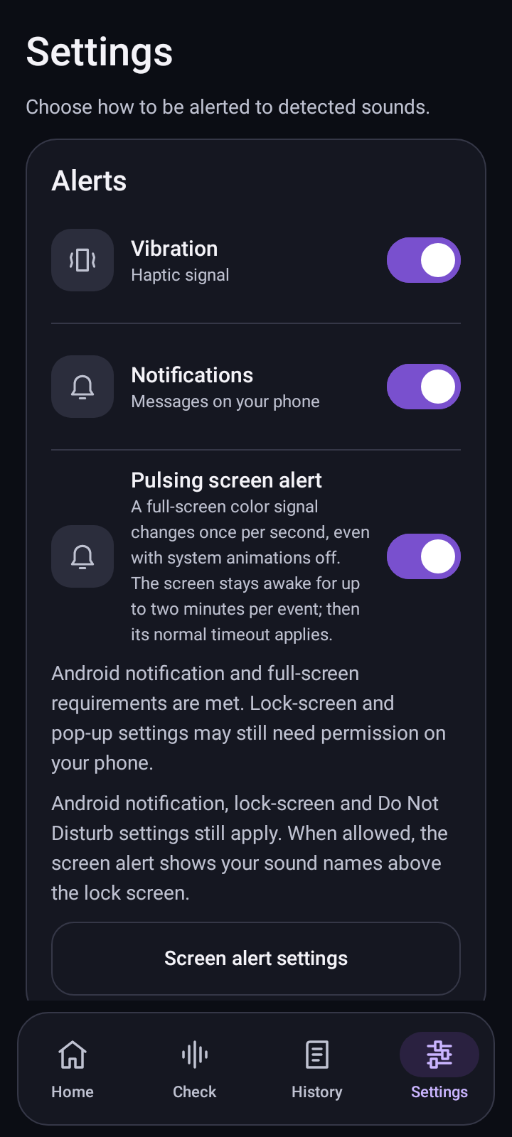 Sound Beacon settings screen