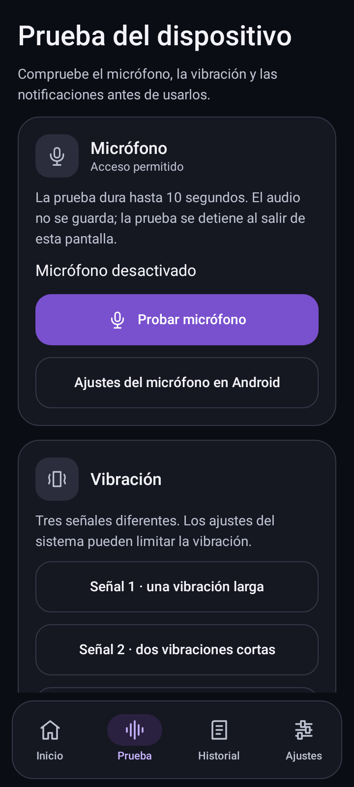 Pantalla de comprobación del dispositivo de Sound Beacon