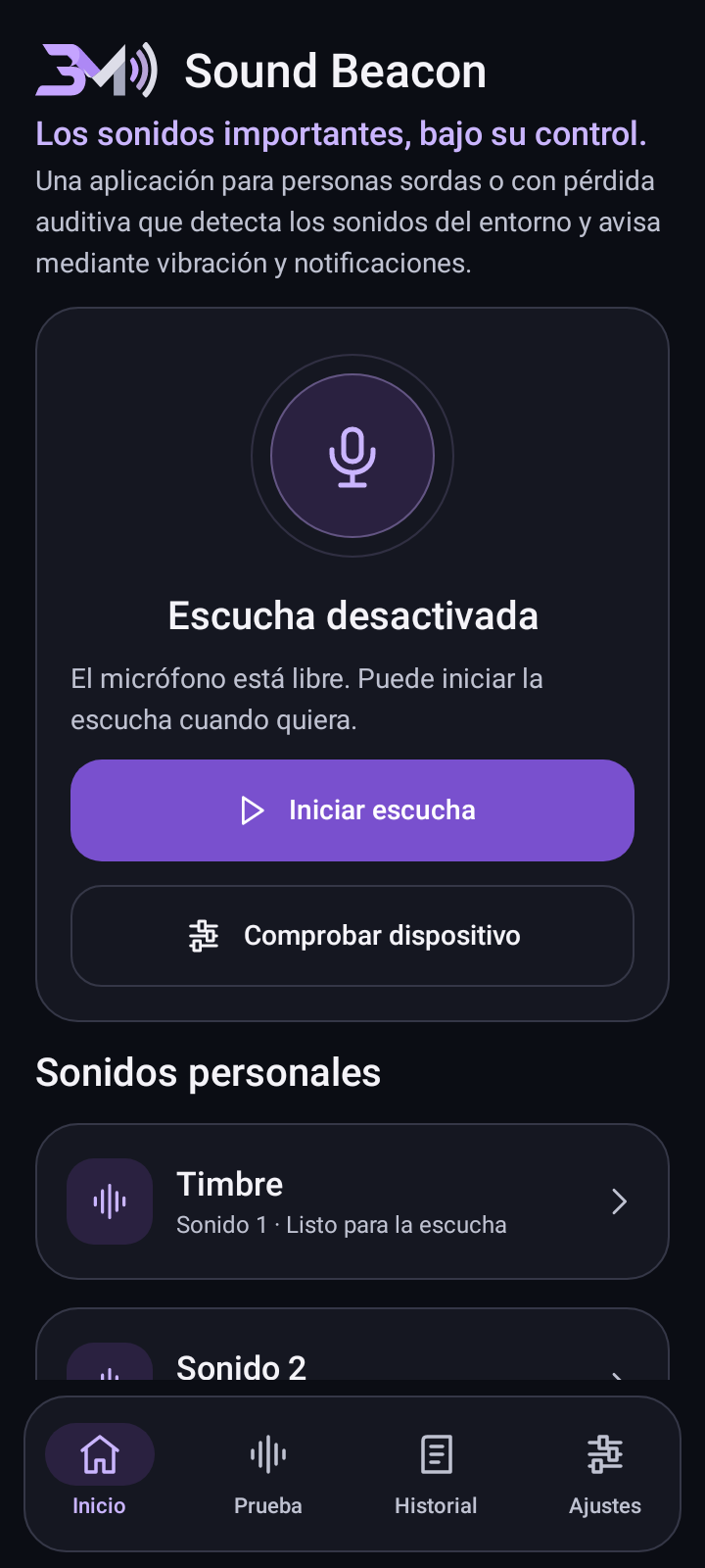 Pantalla de inicio de Sound Beacon en Android
