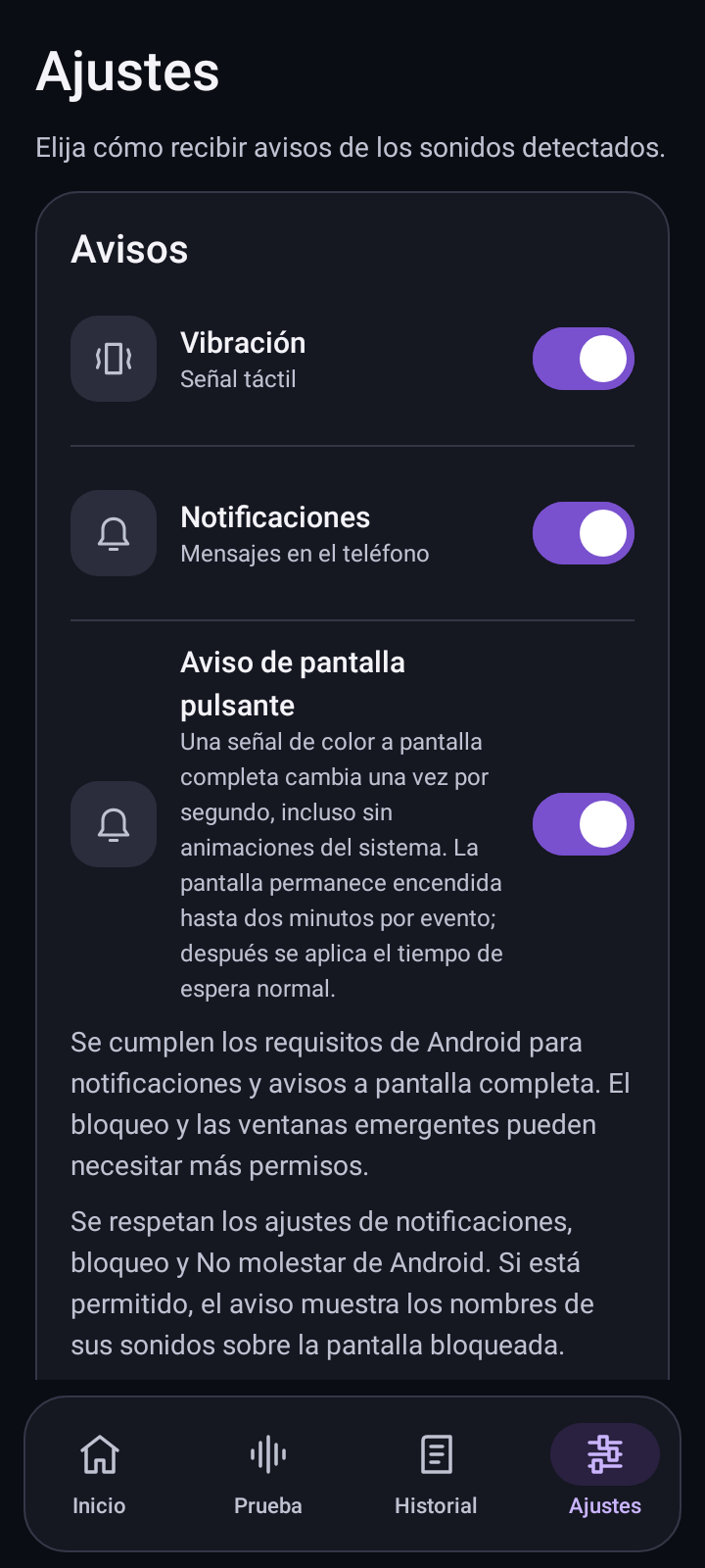 Pantalla de ajustes de Sound Beacon