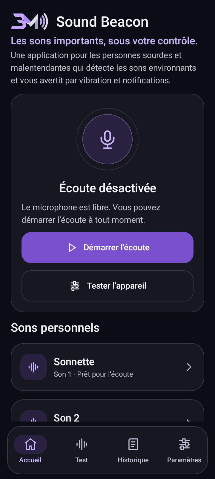 Écran d’accueil de Sound Beacon sur Android