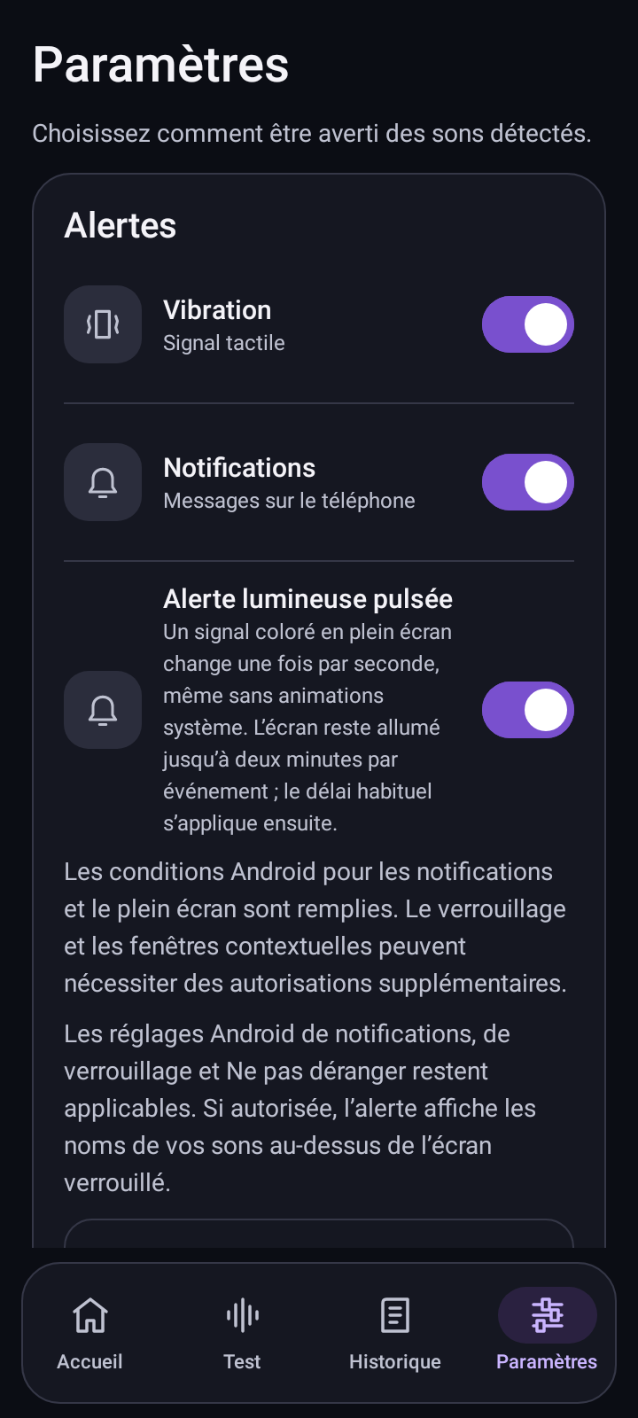 Écran des réglages de Sound Beacon