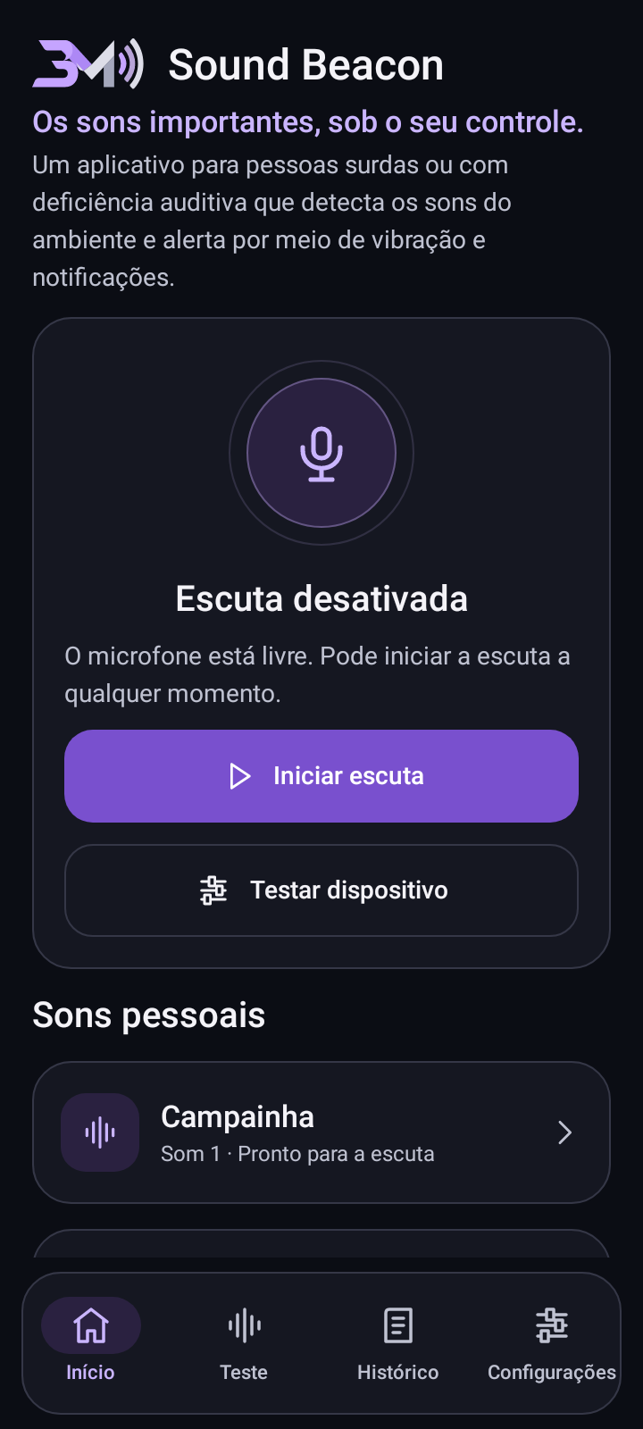 Tela inicial do Sound Beacon no Android