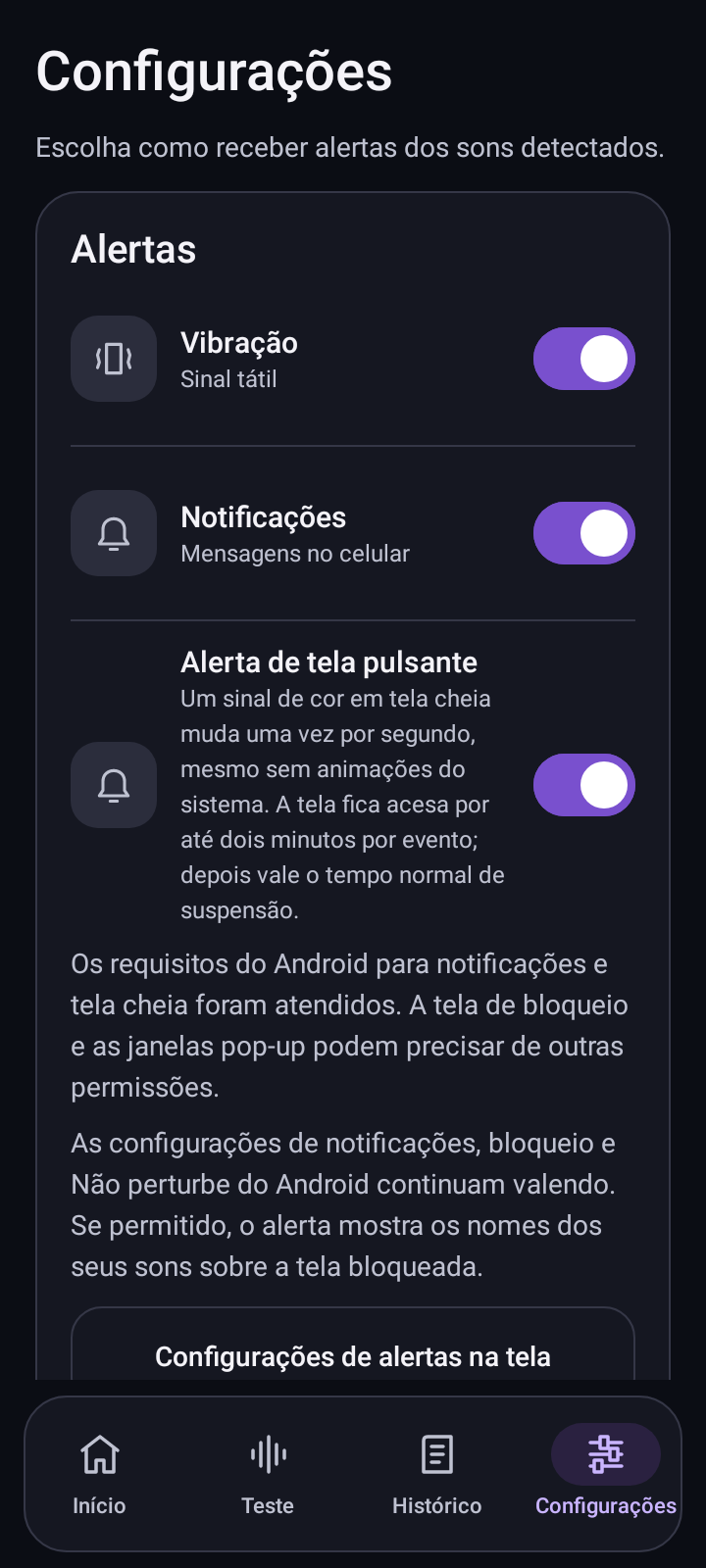 Tela de configurações do Sound Beacon