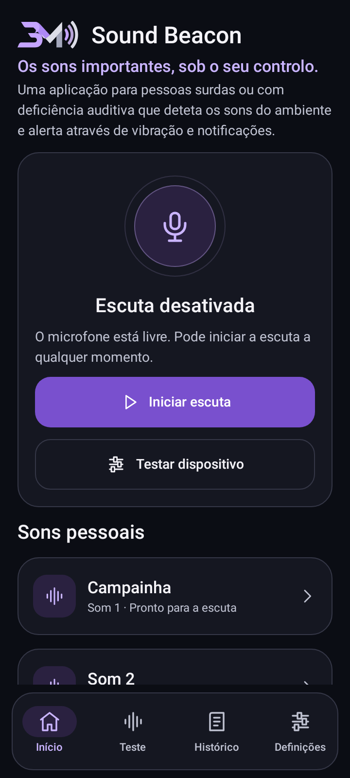 Ecrã inicial do Sound Beacon no Android