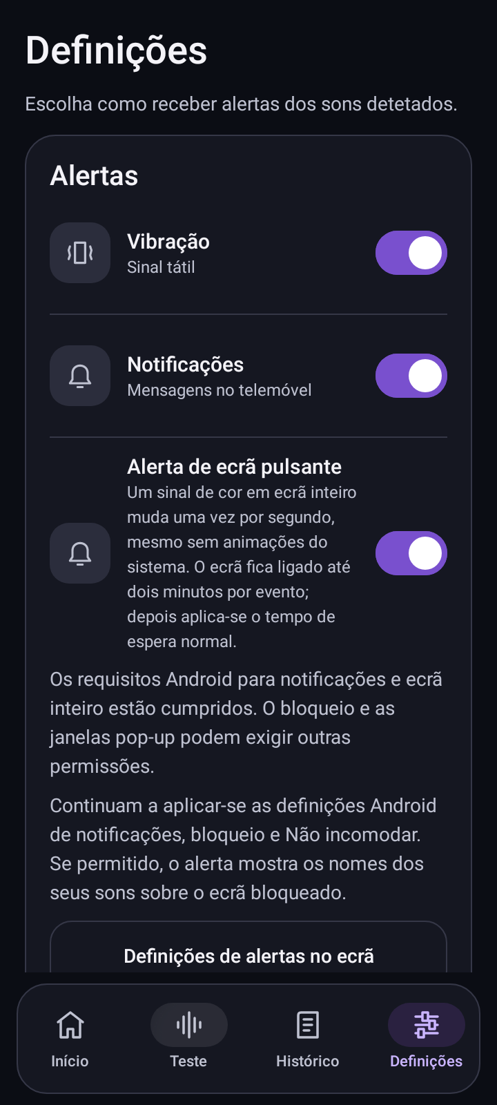 Ecrã de definições do Sound Beacon